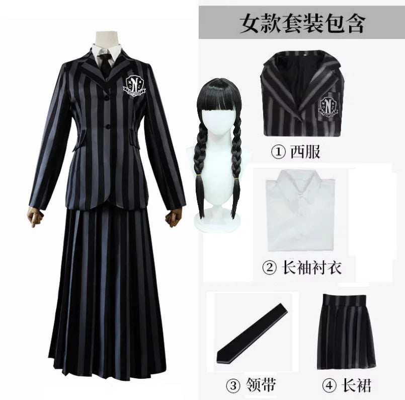 Anime Addams Cosplay Wednesday Costume Suit Dress Vest College School Uniforms Girl Women Christmas Clothing Wig Costume