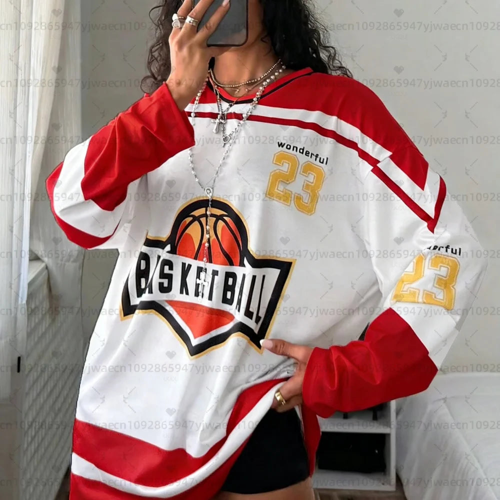 Wonderful 23 V-Neck Loose Long Sleeve Sports Jersey Women Breathable Long Sleeves T-Shirt Oversize V-Neck Basketball T Shirt