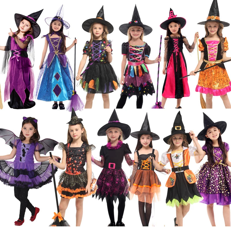 Disfraces de personajes de brujas de Halloween: hermosos vestidos para niñas, juegos de rol infantiles como No broomthe Devil Queen, Witch Carnival