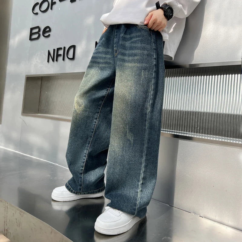 New Autumn Children Casual Jeans for Big Boy Fashion Vintage Jeans Trousers Cotton Sweatpants Teenager Kids Denim Pants Age 4-14