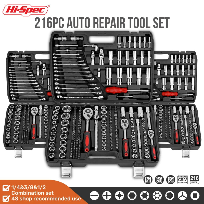Hi-Spec 216pcs Mechanical Tool Box Hand Tool Kit Mixed Wrenches 1/2" 1/4" 3/8" Socket Set Garage Auto Repair Tool Set