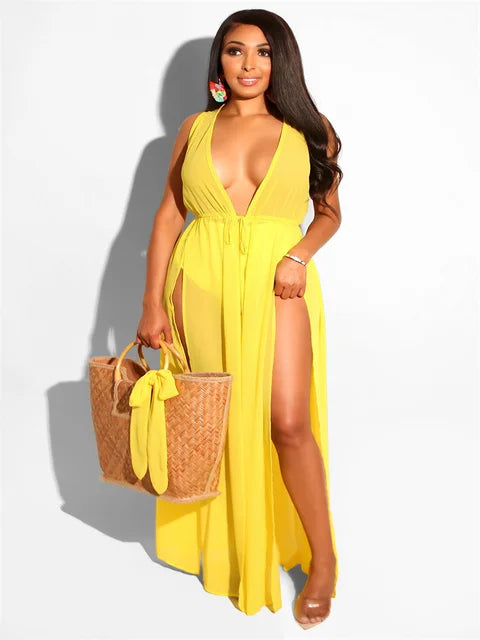 Sexy V-Neck Split Sleeveless Long Dress Pure Color Street Style mid Waist A-Line Skirt Spring Season Women's Fashion Dress