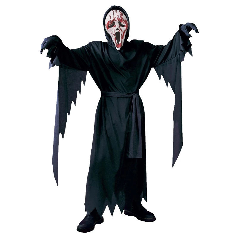 Disfraz de fiesta de Halloween Reaper, disfraz de muerte, disfraz de demonio negro, máscara de calavera aterradora, disfraz de grito para adulto