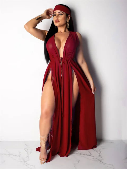 Sexy V-Neck Split Sleeveless Long Dress Pure Color Street Style mid Waist A-Line Skirt Spring Season Women's Fashion Dress