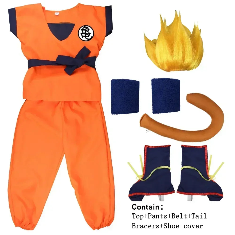 Trajes de Halloween para niños y adultos, Son Goku Gui, Carnaval, Anime, disfraces de vacaciones, peluca de muñeca de cola, vestido azul dorado para niños