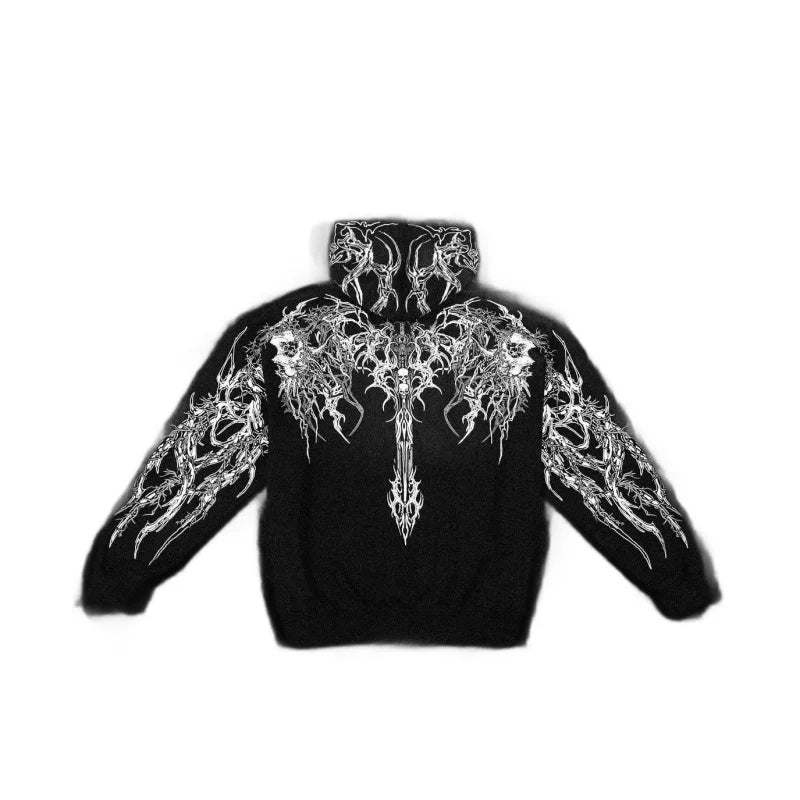 2025New American Style Men's Hooded Sweatshirt Trendy Brand Dark Style Sports Fitness High Street Autumn Winter Men's Sweatshirt
