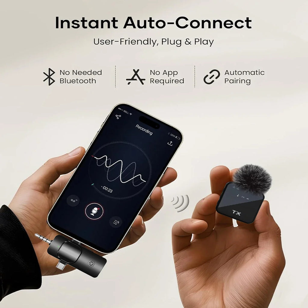 Micrófono Lavalier inalámbrico para cámara, iPhone, Android, micrófono con reverberación de sonido, grabación de vídeo, Podcast, micrófono con Clip de reducción de ruido