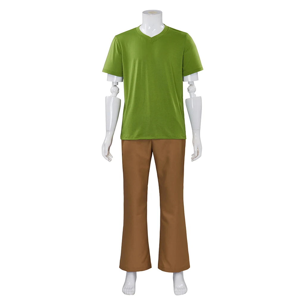 Disfraz de Cosplay Shaggy para hombres adultos, camisa de manga corta con cuello en V verde y pantalones marrones, traje de Halloween