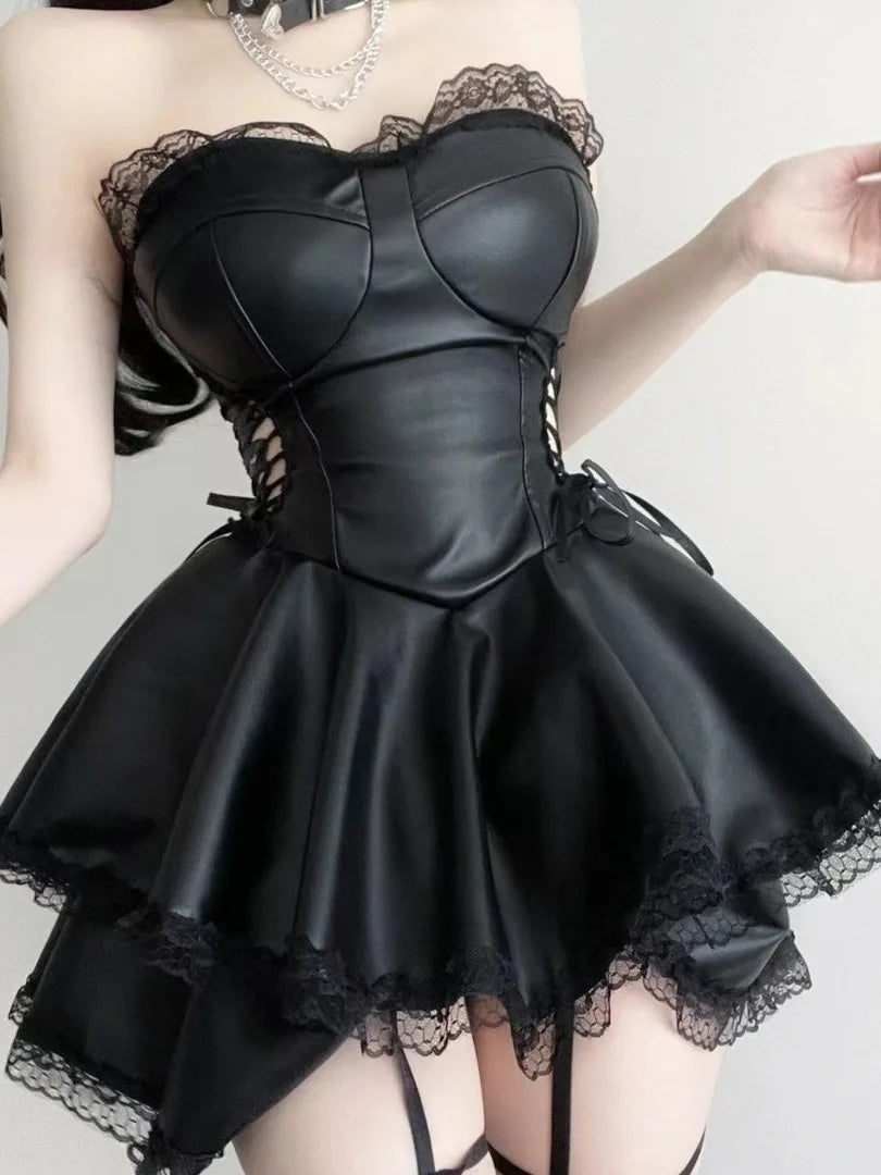 Pure Style Spicy Girl Sweet Cool Strapless Waist Cinching Design Lace Leather Dress Elegant Sweet Bandage Mini Dress J2UA