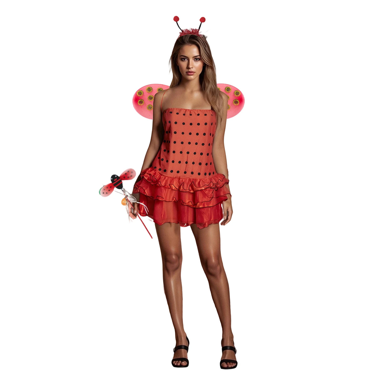 Women Halloween Ladybug Cosplay Costume Beetle Wings Bee Fairy Role Play Costume Dress Headband Leg Warmer 4pcs Outfits